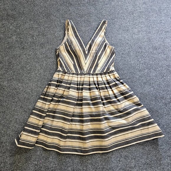 J Crew Women's Gold and Black Striped V-Neck Sleeveless A-Line Party Cocktail Dr - Picture 1 of 7